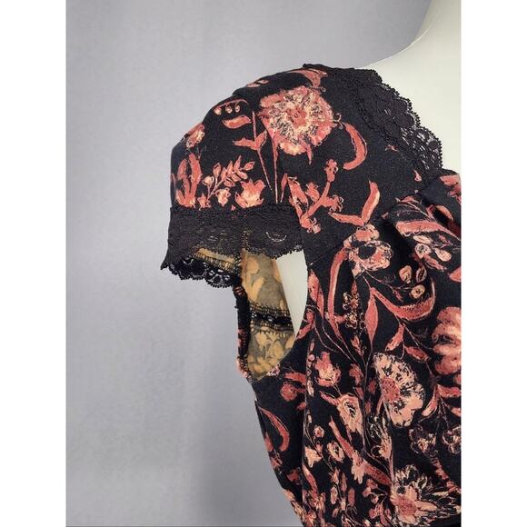 Free People Shirt Womens Medium Black Floral Lace Trim Deep V Neck Y2k Milkmaid - Picture 5 of 13